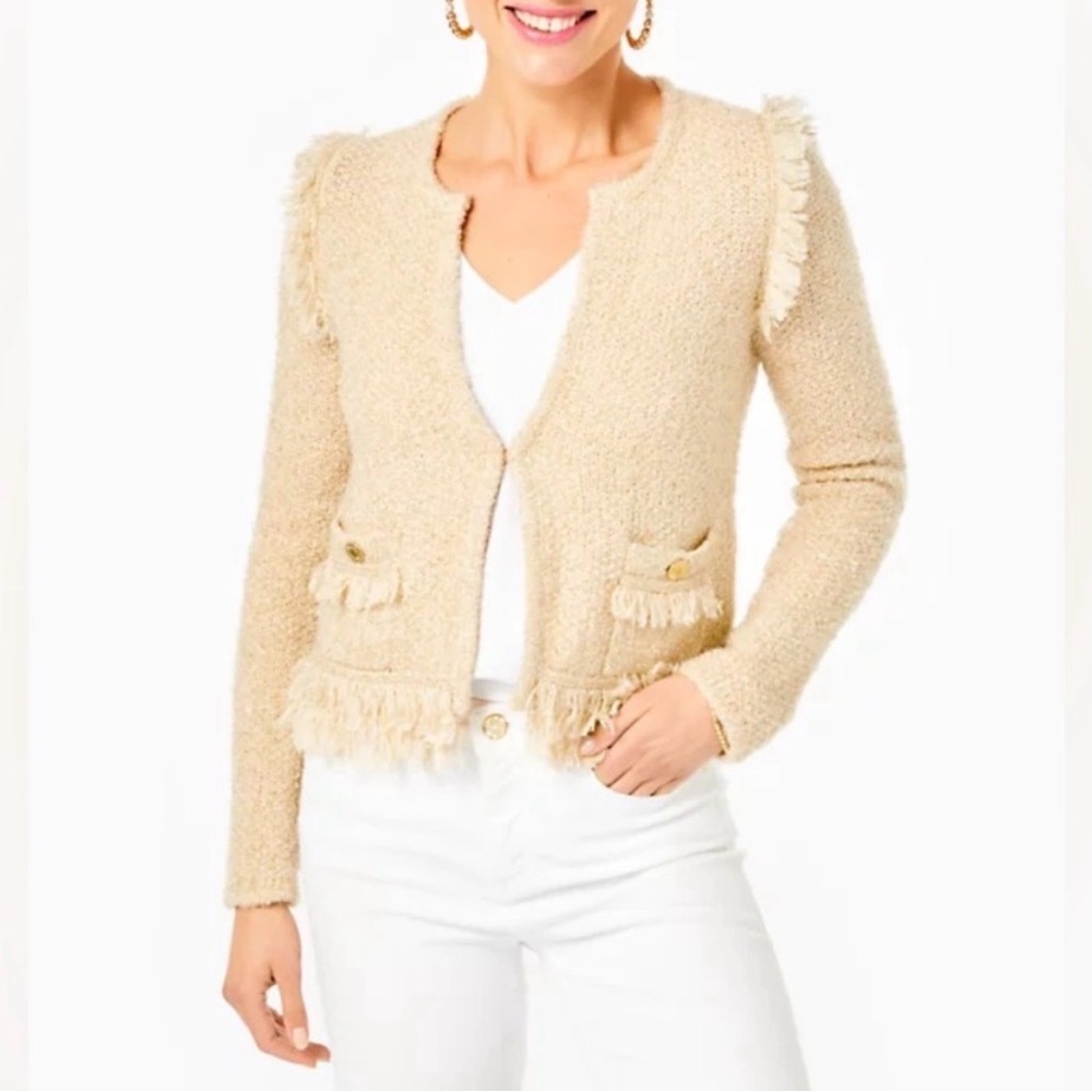 Lilly Pulitzer Simora  Fringe Cardigan Golden Metallic Tweed Size S Old Money